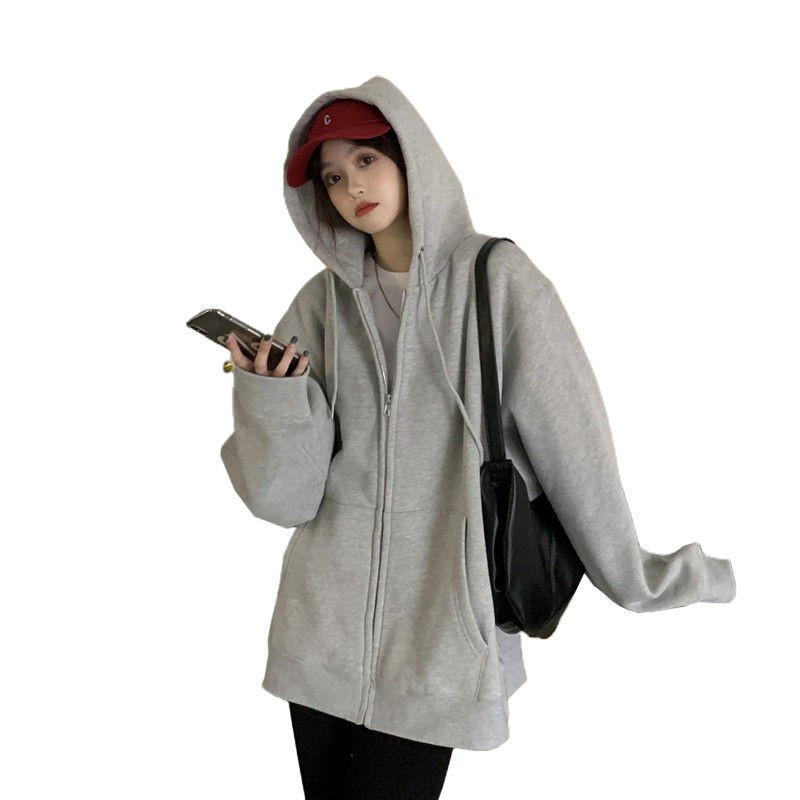 2021 new spring and autumn loose Korean version of cotton SIZE gray hooded sweater zipper jacket female ins tide top