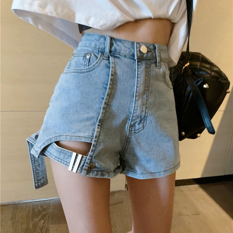 Jiashucheng Quần Short Denim Chữ a Lưng Cao Ống Rộng Rách Gối Phong Cách Mới Mùa Hè Cho Nữ