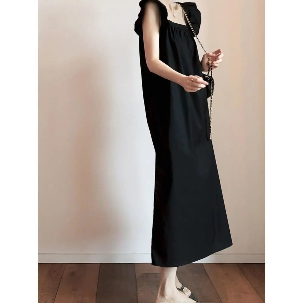 Đầm Không Tay Cổ Vuông Màu Đen Dáng Rộng Phong Cách Thời Trang Mùa Hè Pháp 2022