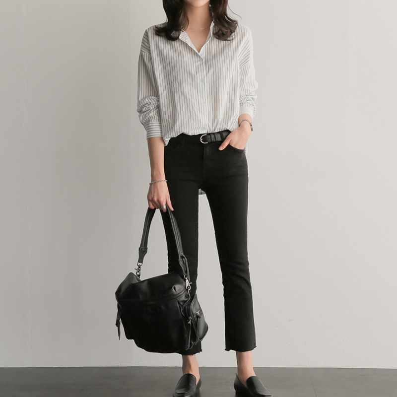 Áo sơ mi họa tiết kẻ sọc thời trang retro Hàn Quốc cá tính cho nữ