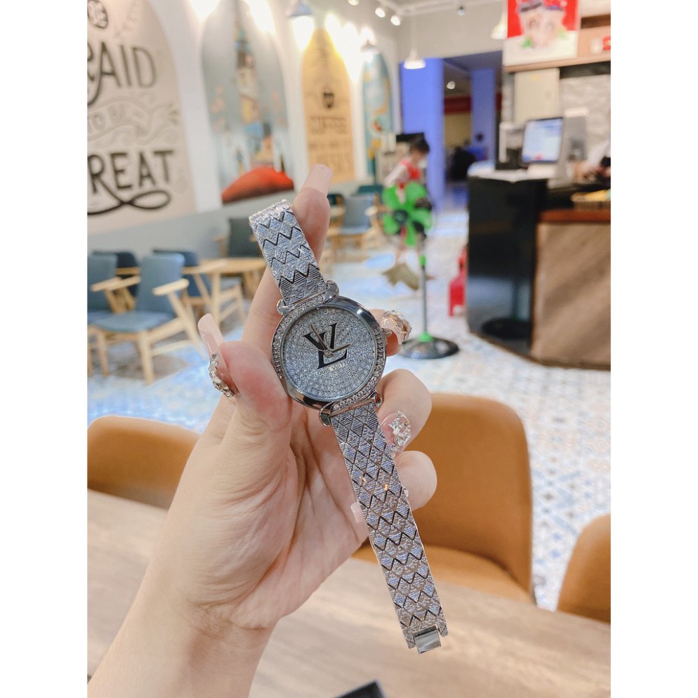 Đồng hồ nữ LV dây thép ko rỉ mặt tròn đính full đá thời thượng hợp trend giới trẻ, chống nước, bảo hành 12 tháng