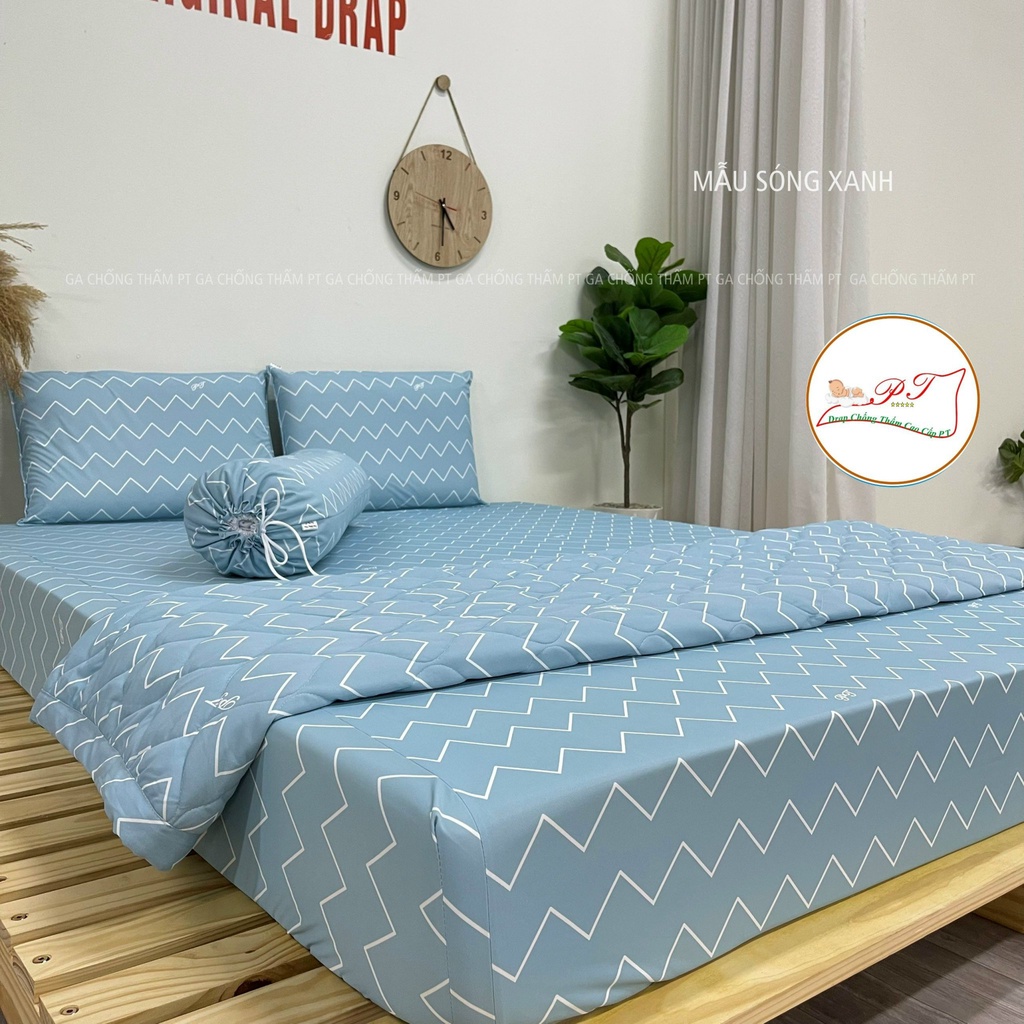 Bộ ga chống thấm PT kèm vỏ gối, drap chống thấm cho bé loại cao cấp không nóng không bí lưng (mẫu sóng xanh)