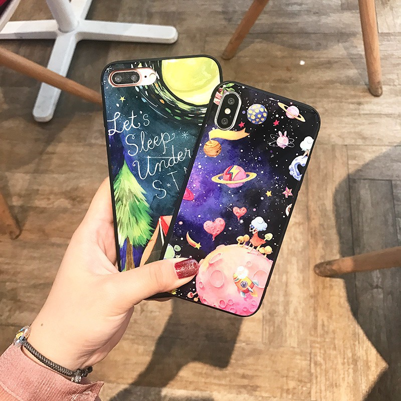 Ốp Lưng Kính iphone Hành Tinh Cartoon dành cho iphone 6 đến 14promax - k203
