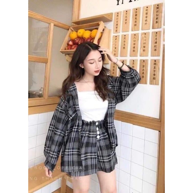 Sét 2 Món Áo Sơ Mi Nơ Cổ Tay Lỡ + Chân Váy Ulzzang