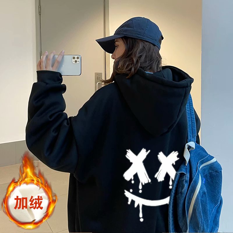 Áo Hoodie Nỉ Tay Dài Dáng Rộng In X_X Hình Mặt Cười Phản Quang Thời Trang Hàn Quốc Cho Cặp Đôi Size M-8XL