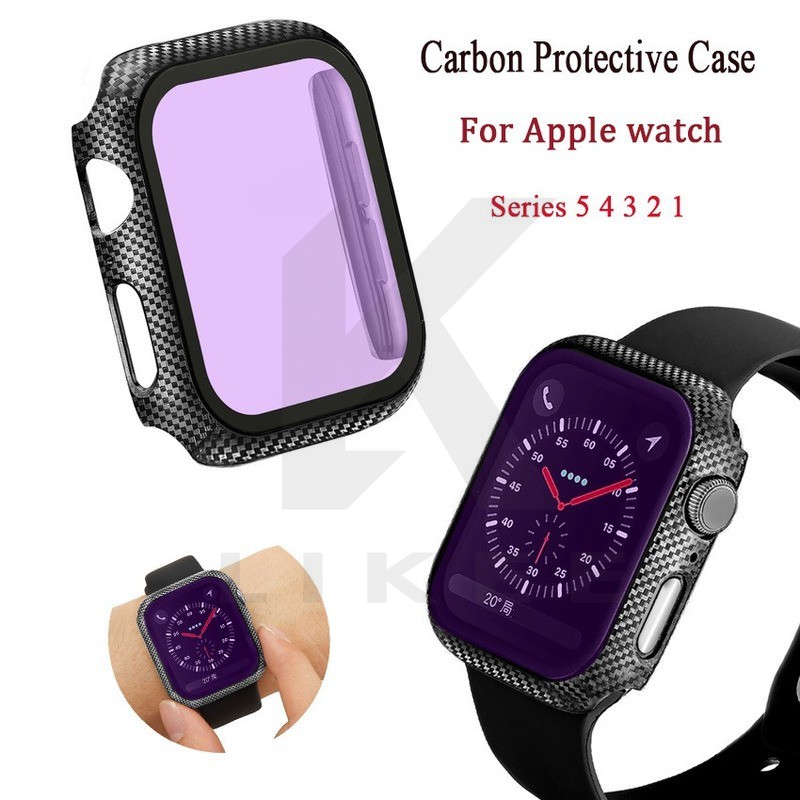 Vỏ đồng hồ bằng sợi carbon + Kính cường lực Tất cả xung quanh bội thu bằng sợi carbon + Bảo vệ màn hình cho iWatch Series 6 SE 5 4 3 Apple Watch