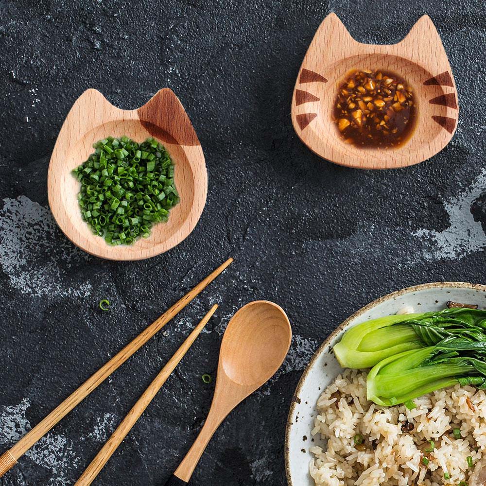 Đĩa gỗ mini kiểu dáng hoạt hình phong cách Nhật Bản đựng gia vị tiện lợi