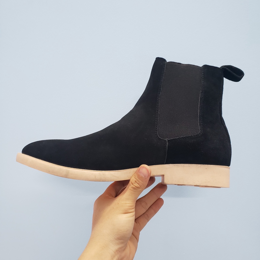 Giày Chelsea boots da lộn màu đen, kiểu dáng thời trang dễ phối đồ, đế cao su đúc