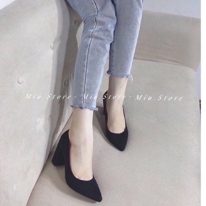 Giày cao gót nữ da lộn mũi vuông VNXK, giày boot nữ dáng basic gót vuông 5p hàng xuất xịn dễ phối đồ nữ công sở, đi chơi
