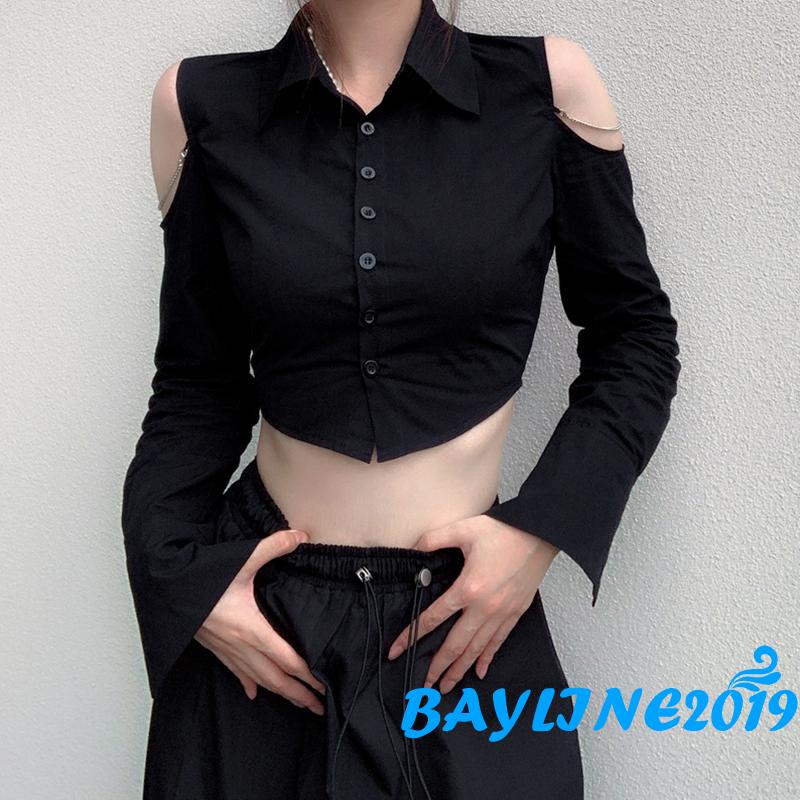 Áo Croptop Tay Dài Màu Sắc Đơn Giản Phối Dây Xích Cá Tính Cho Nữ