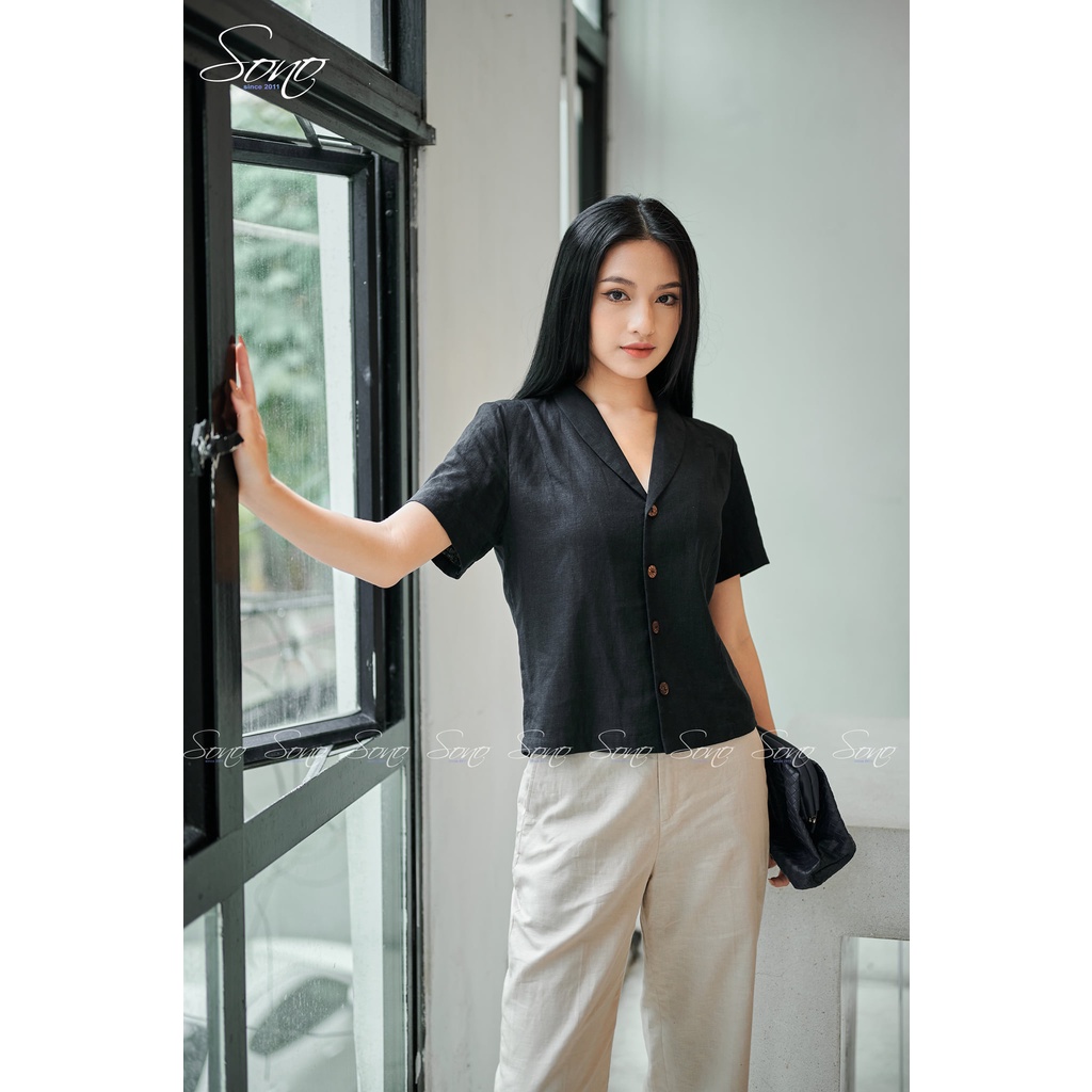 Sono - Áo Sơ Mi Crop Top Cố Vest Cộc Tay Chất Liệu Linen Cao Cấp