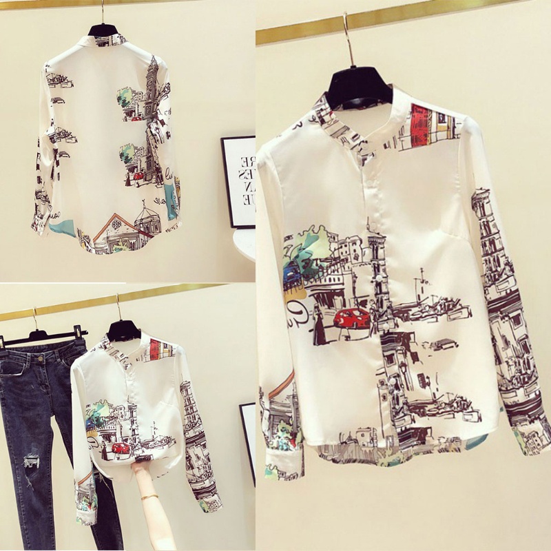 Áo Sơ Mi Tay Dài Cổ Đứng Dáng Rộng In Họa Tiết Vintage Thời Trang Mùa Xuân Cho Nữ