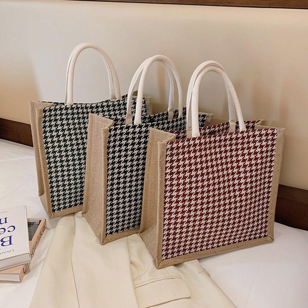 ♫DAPHNE♫ New Fashion Women Crossbody Waterproof Jute Retro Shoulder Tote Bag Beach Luxury Canvas Burlap Shopping Large Capacity Grid Linen Handbags/Multicolor