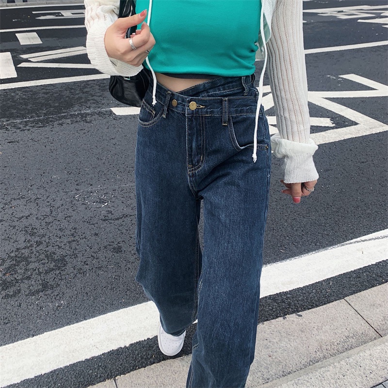 Xiaozhainv Quần jeans lưng cao dáng rộng phong cách Hàn Quốc dành cho nữ