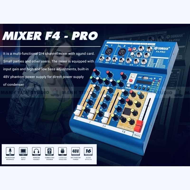 Bàn trộn Mixer Yamaha F4 Pro - Tích hợp vang số 16 chế độ vang - Tích hợp soundcard livestream