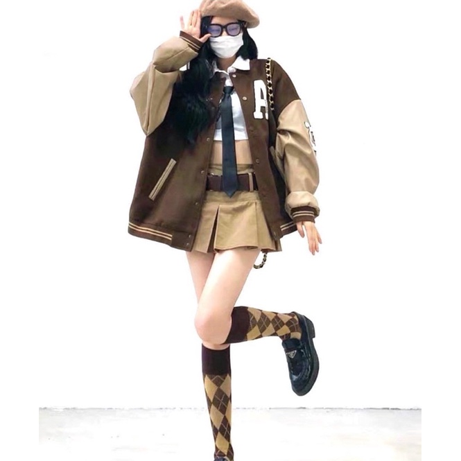 VARSITY JACKET BOMBER CHỮ A NÂU