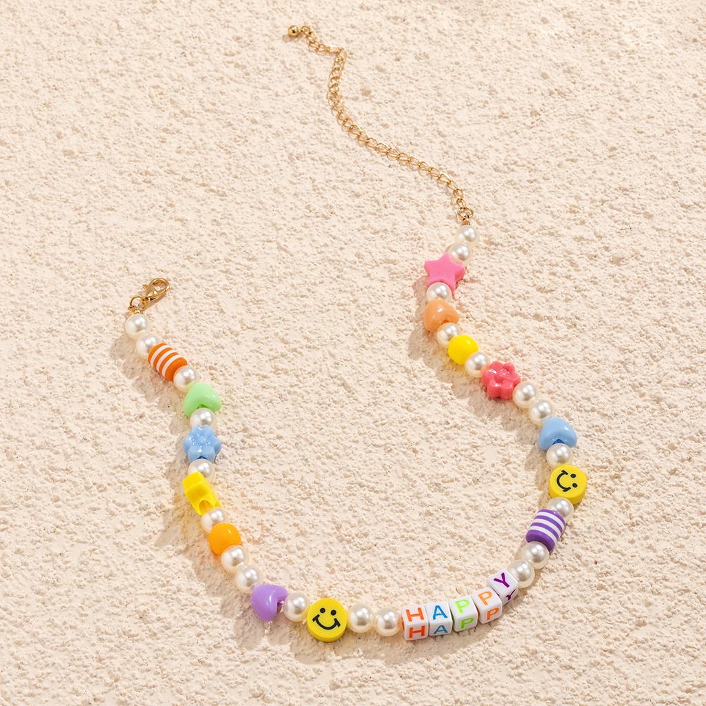 Women Fashion Candy Color Pearl Star Letter Smiley Face Beads Link Chain Chokers Necklace Bohemian Style