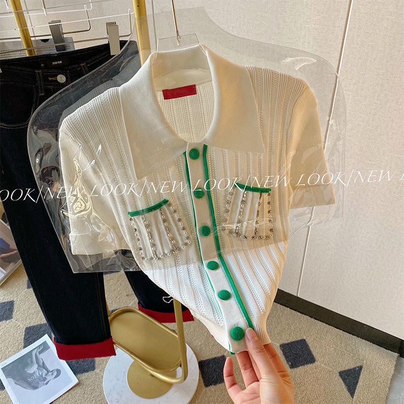 Áo cardigan Dệt Kim Cổ Polo Màu Trắng Phong Cách Phương Tây Thời Trang Cho Nữ