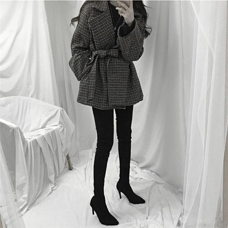 ÁO KHOÁC BLAZER DẠ KẺ ❤ FREESHIP ❤ Áo khoác blazer dạ kẻ đen 2 lớp form rộng dày dặn kèm đai dáng Hàn Quốc | BigBuy360 - bigbuy360.vn