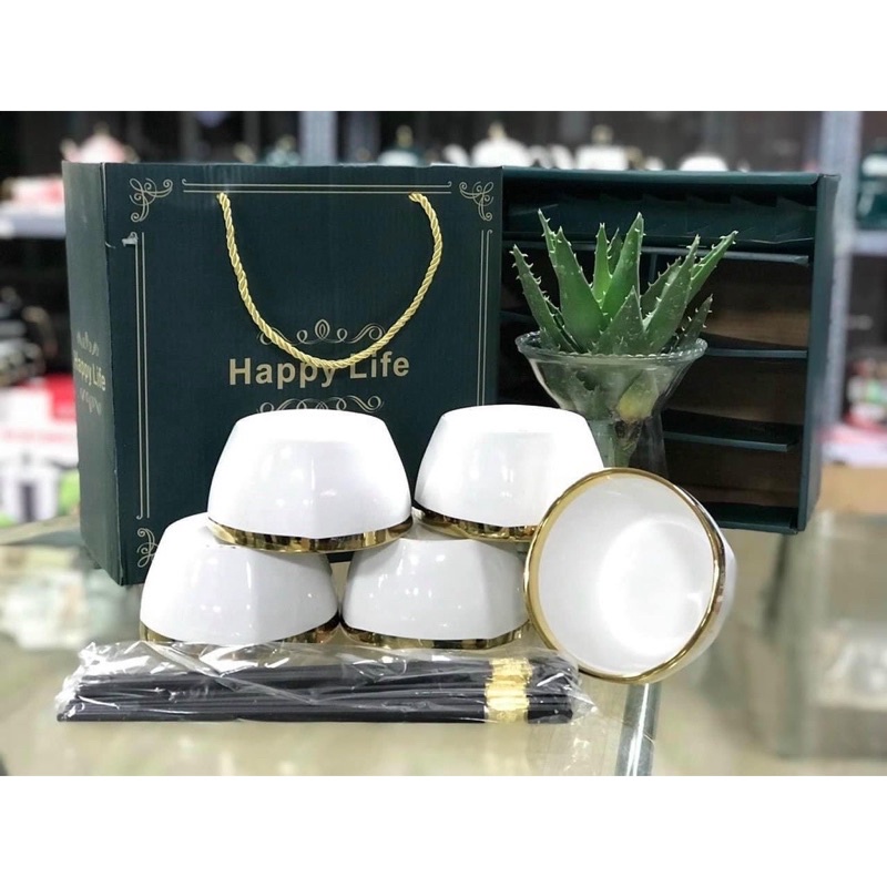 Bộ 6 Bát ăn cơm, chén ăn cơm sứ Viền Vàng hình trụ tặng kèm 6 đôi đũa - bát decor phong cách Hàn Quốc