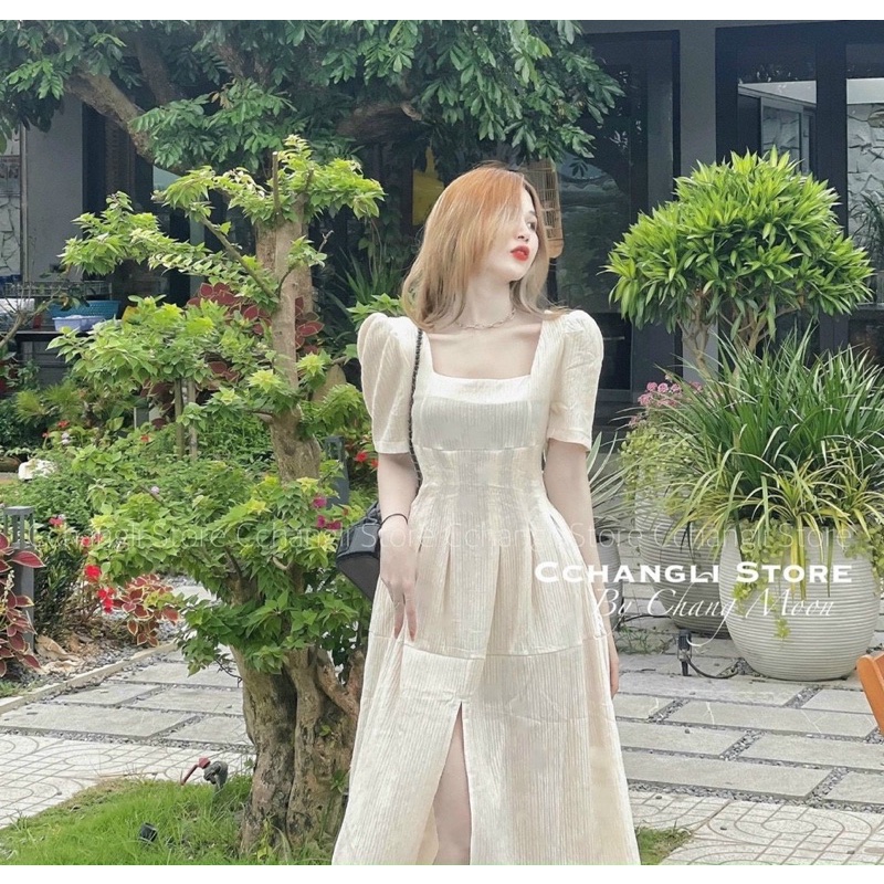Váy nữ dáng dài cổ vuông tay ngắn chất xốp co giãn xẻ trước chiết eo hai màu xinh xắn