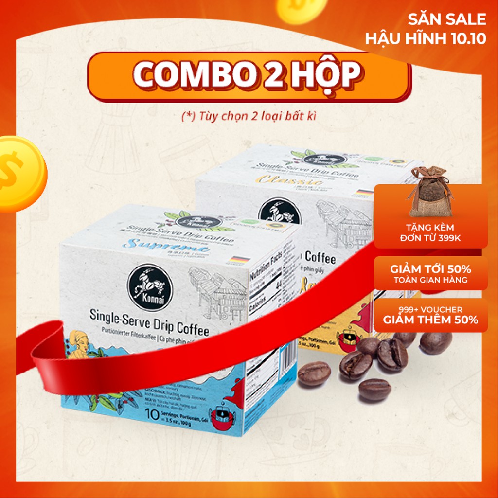 Combo 2 hộp cà phê phin giấy nguyên chất Konnai Coffee pha chế tiện lợi 100% Arabica Konnai Coffee phù hợp đi làm, đi họ