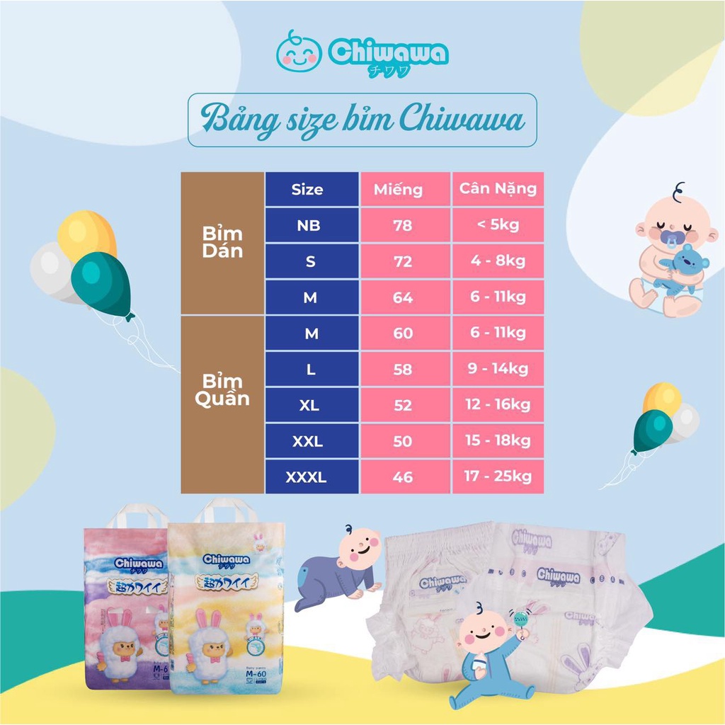 Bỉm CHIWAWA nội địa Trung quần/dán size S72/M64/M60/L58/XL52/XXL50