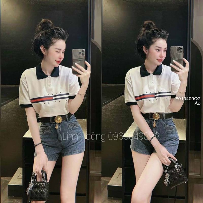 Áo tommi cổ bẻ ngực phối viền sọc tay ngắn bo viền 0104