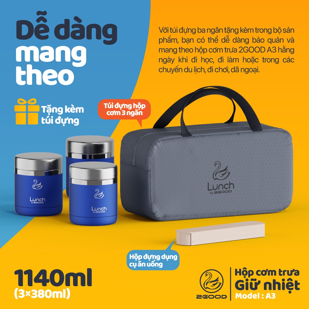 Bộ 3 Hộp Cơm Giữ Nhiệt Chân Không 2GOOD A3  - Dung tích 1140ml