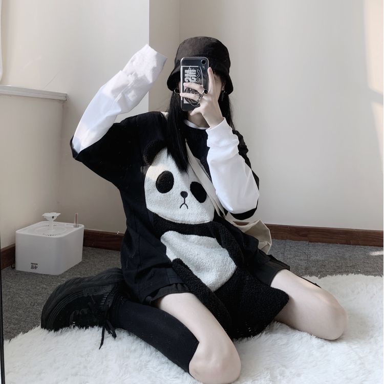 Áo giả 2 mảnh nền đen tay dài trắng gấu trúc dễ thương + túi đeo gấu ulzzang