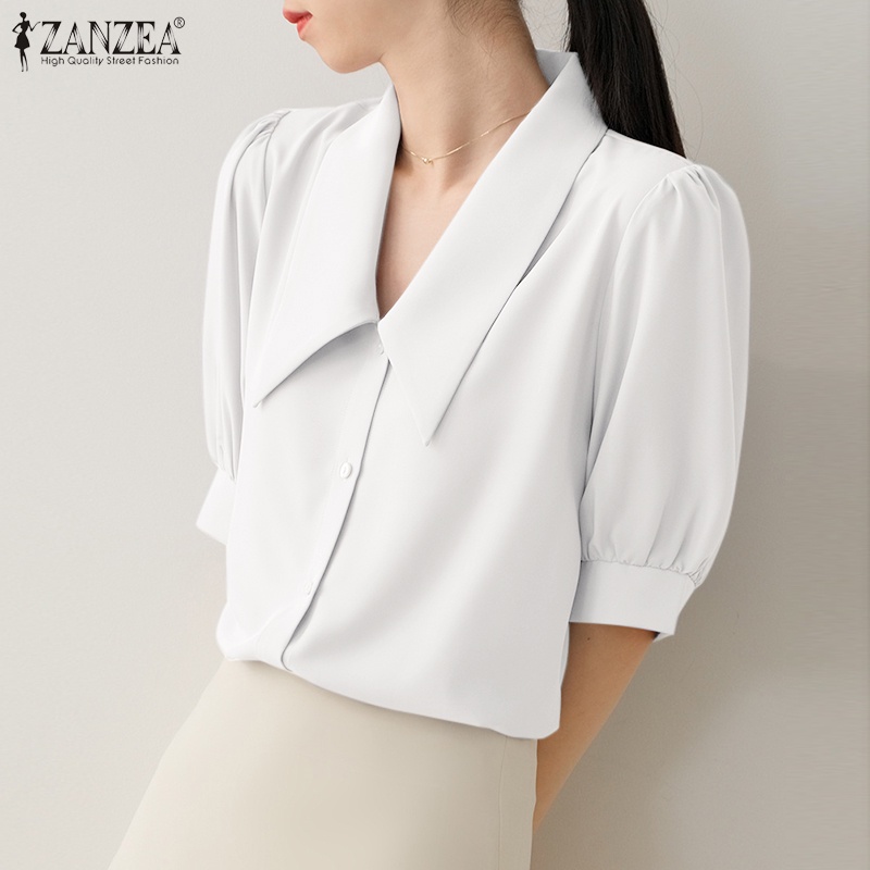 Áo sơ mi ZANZEA tay ngắn cổ bẻ cài nút thời trang Hàn Quốc cho nữ