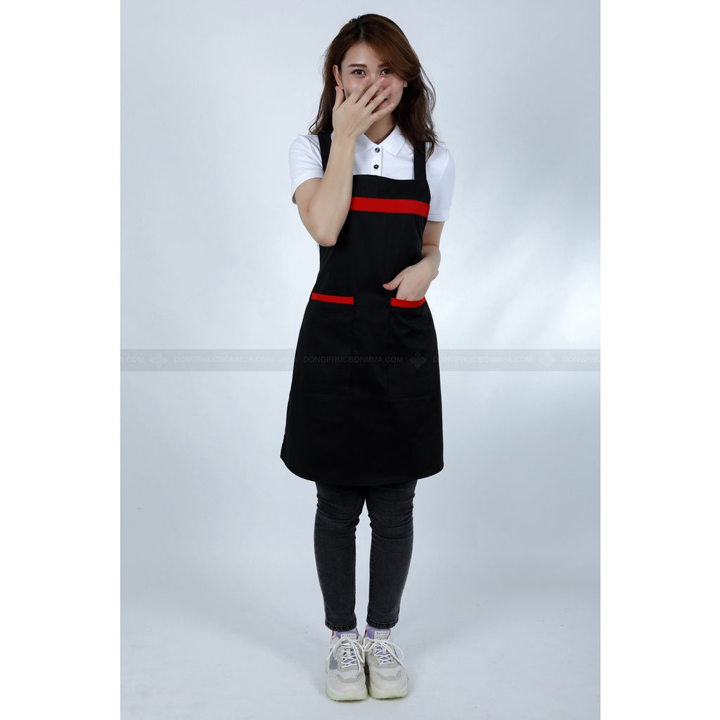 Tạp dề yếm dài phục vụ màu đen phối màu đỏ chất liệu kaki cao cấp dùng trong nhà hàng_DONGPHUCBONMUAOFFICIAL TD1.2.06-1