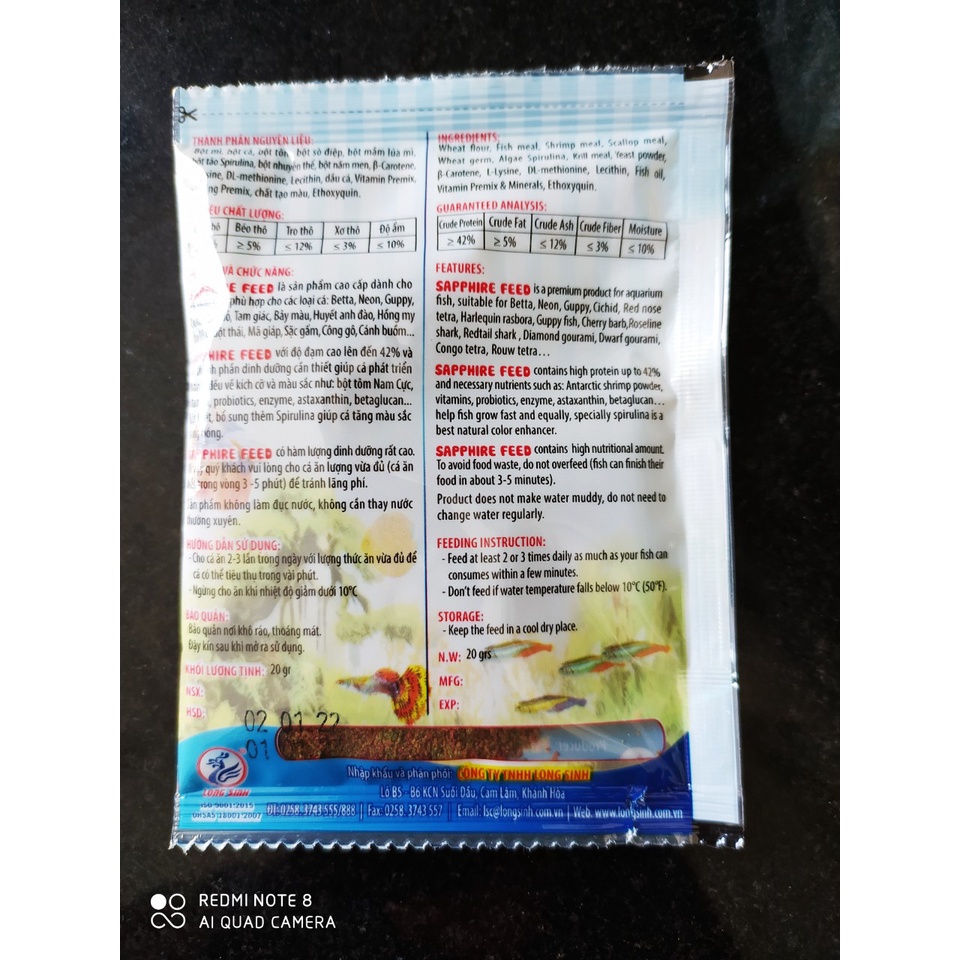 Cám Sapphire 20G dành các loại cá: betta, neon, guppy, cichlid, mũi đỏ, tam giác, bảy màu, huyết anh đào, Hồng my Ấn độ.
