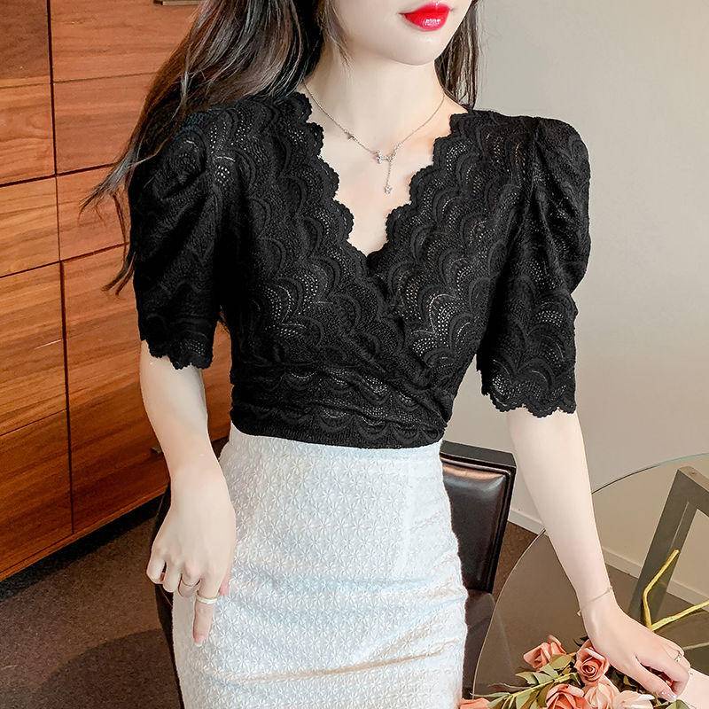 Áo Sơ Mi Ren Tay Phồng Cổ Chữ V Eo Cao Phong Cách Phương Tây Thời Trang Mùa Hè Mới