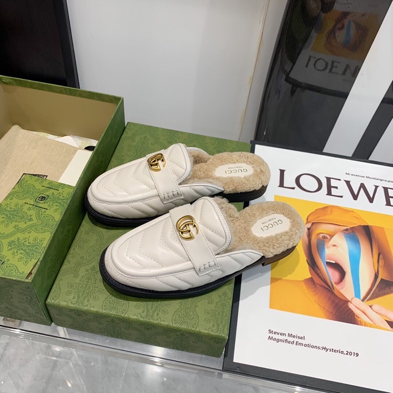 Giày sục nữ da thật lót lông bên trong thương hiệu Gucci GG/GC 2021 cao cấp