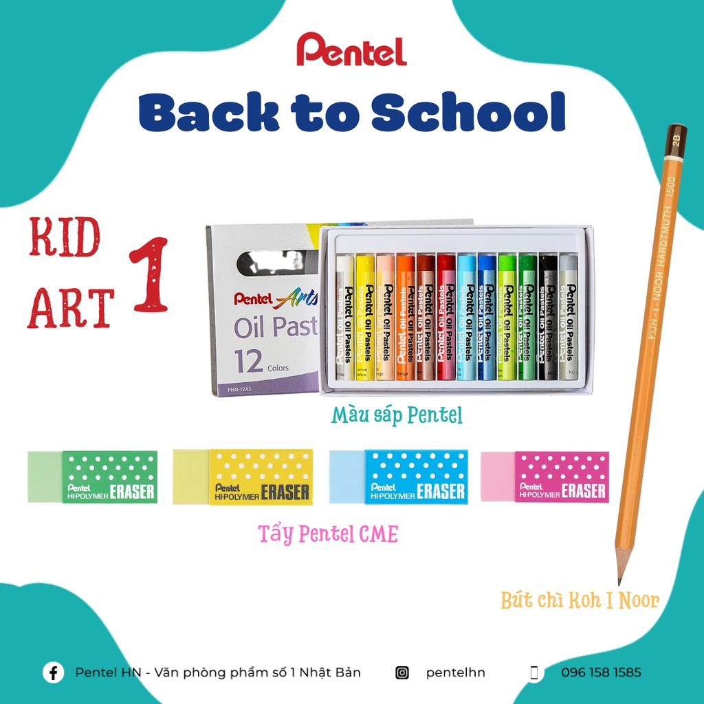 𝐏𝐞𝐧𝐭𝐞𝐥 𝐊𝐢𝐝 𝐀𝐫𝐭 𝟏 - Cùng bé sáng tạo thế giới muôn màu - Combo Sáp Màu Dầu Pentel Oil Pastel PHN + Chì Tiệp Vàng + Tẩy