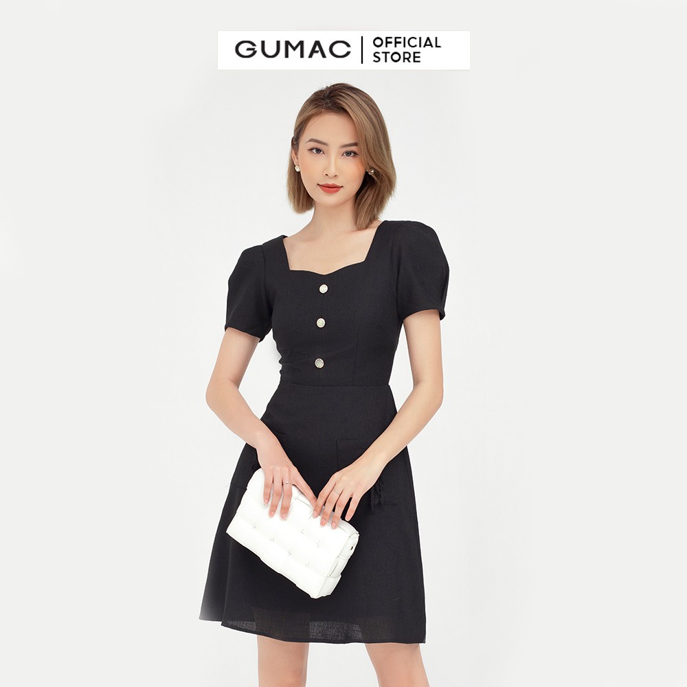 [Mã WABRGU55 giảm 12% đơn 99K] Đầm nữ dáng A đính nơ túi đắp GUMAC cổ vuông tay ngắn thanh lịch DB5122 | BigBuy360 - bigbuy360.vn