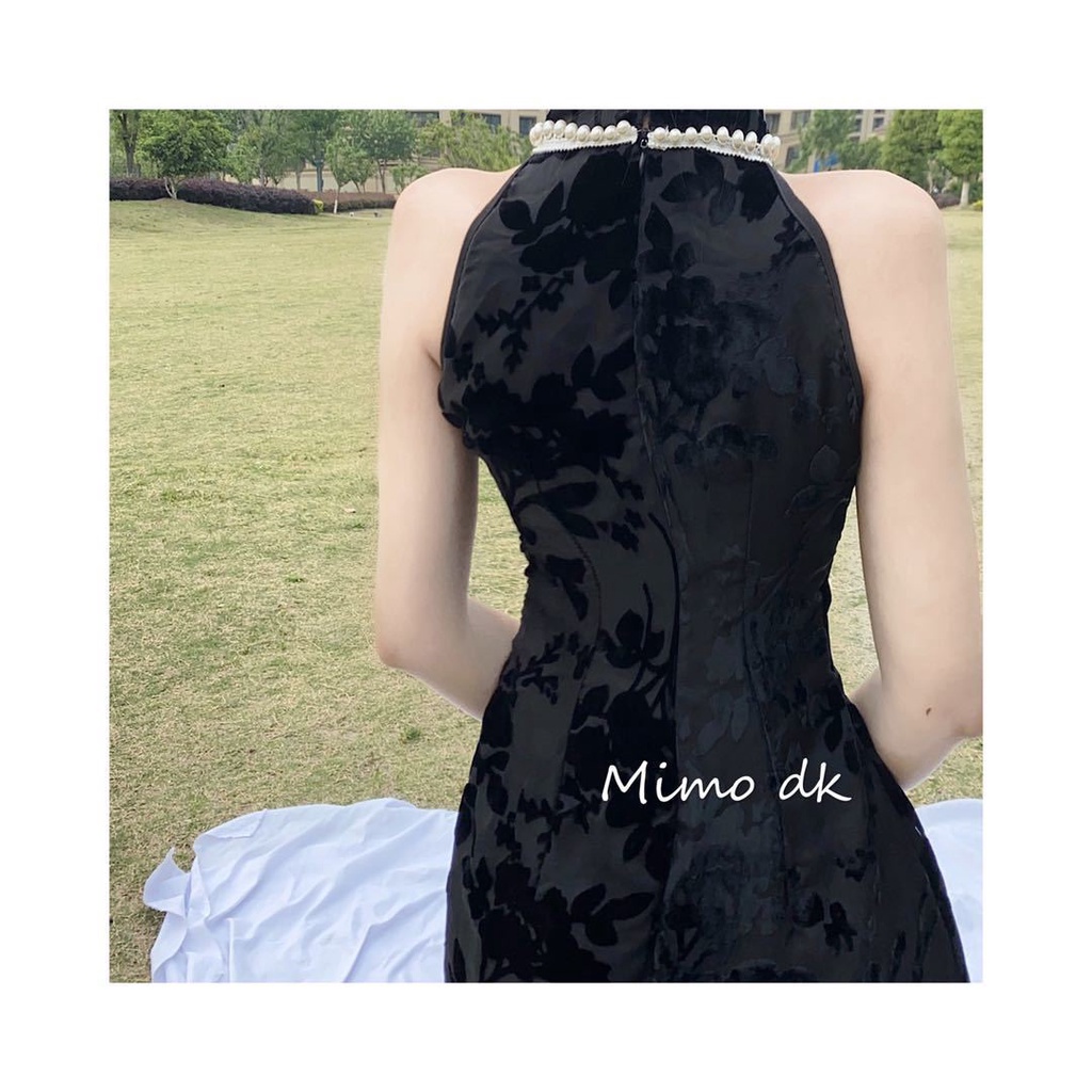 [M &amp; E] Đầm Sườn Xám Cách Tân Không Tay Dáng Vừa Màu Đen Đính Ngọc Trai Thanh Lịch Phong Cách Trung Hoa Cổ Điển