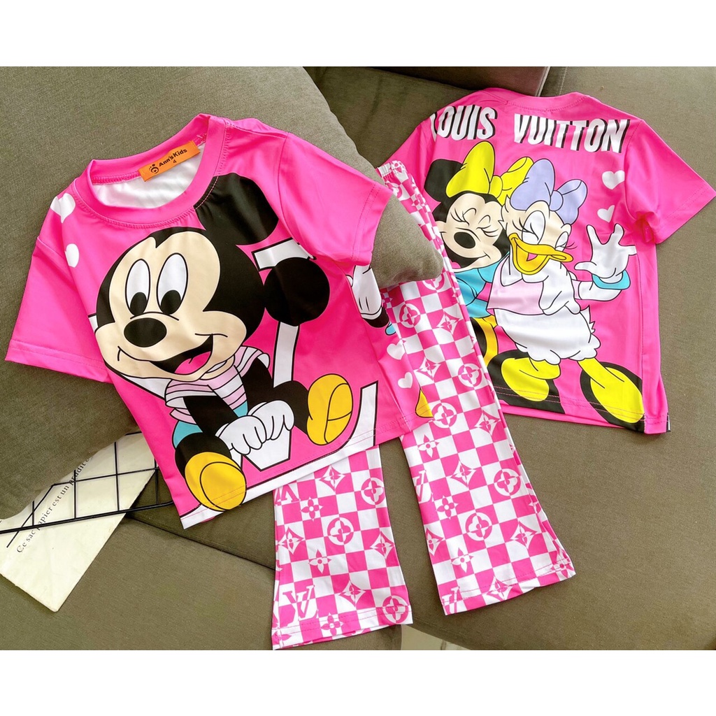 Đồ Bộ Cho Bé Gái 8-40 Kg Thun Lạnh 3D Set Quần Dài Ống Loe Áo Tay Ngắn Trẻ Em In Hoạt Hình Hot Trend Homie Kids