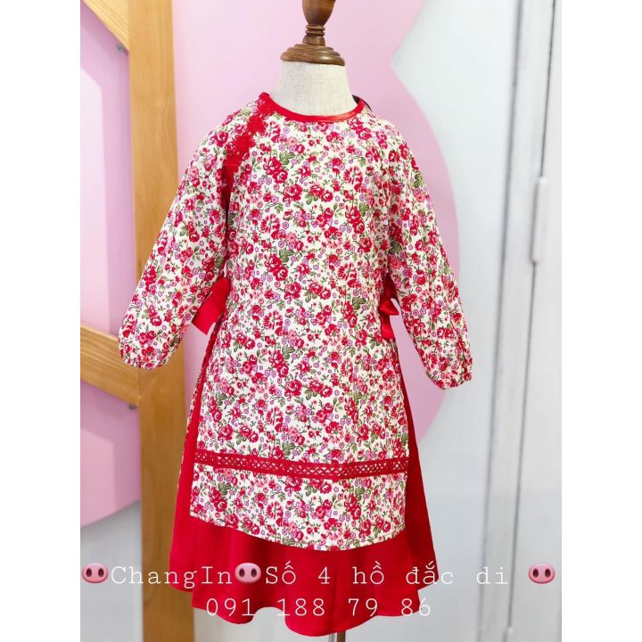 New - Bộ Áo dài cách tân kèm váy cho bé , Họa tiết hoa nhí xinh xắn, Size 8 tuổi