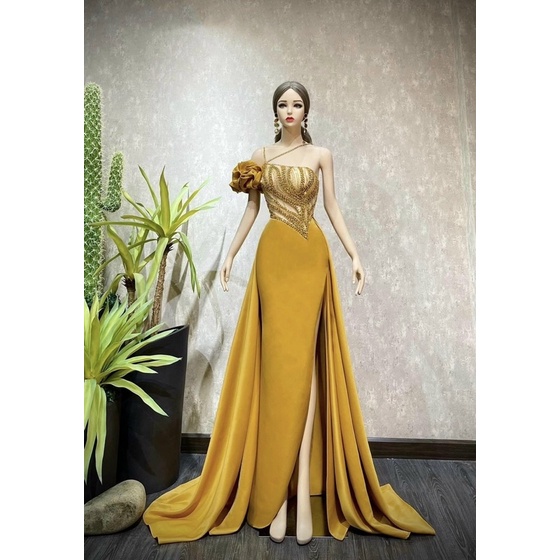 MS1306Y ĐẦM DẠ HỘI XẺ ĐÙI KẾT PHA LÊ CAO CẤP ( đầm , tay áo rời )