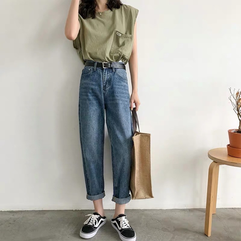 Quần slim baggy jean nữ❤️ Baggy xanh đá lưng cao quảng châu kèm ảnh thật hàng sẵn