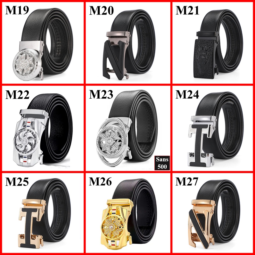 Thắt lưng nam da cao cấp Sans500 dây nịt mặt khoá tự động xoay đính đá đen đẹp sang trọng lịch lãm thời trang full đen