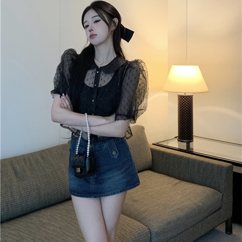 Set Đồ 2 Món Gồm Áo Lưới Tay Ngắn Xuyên Thấu Dành Cho Nữ