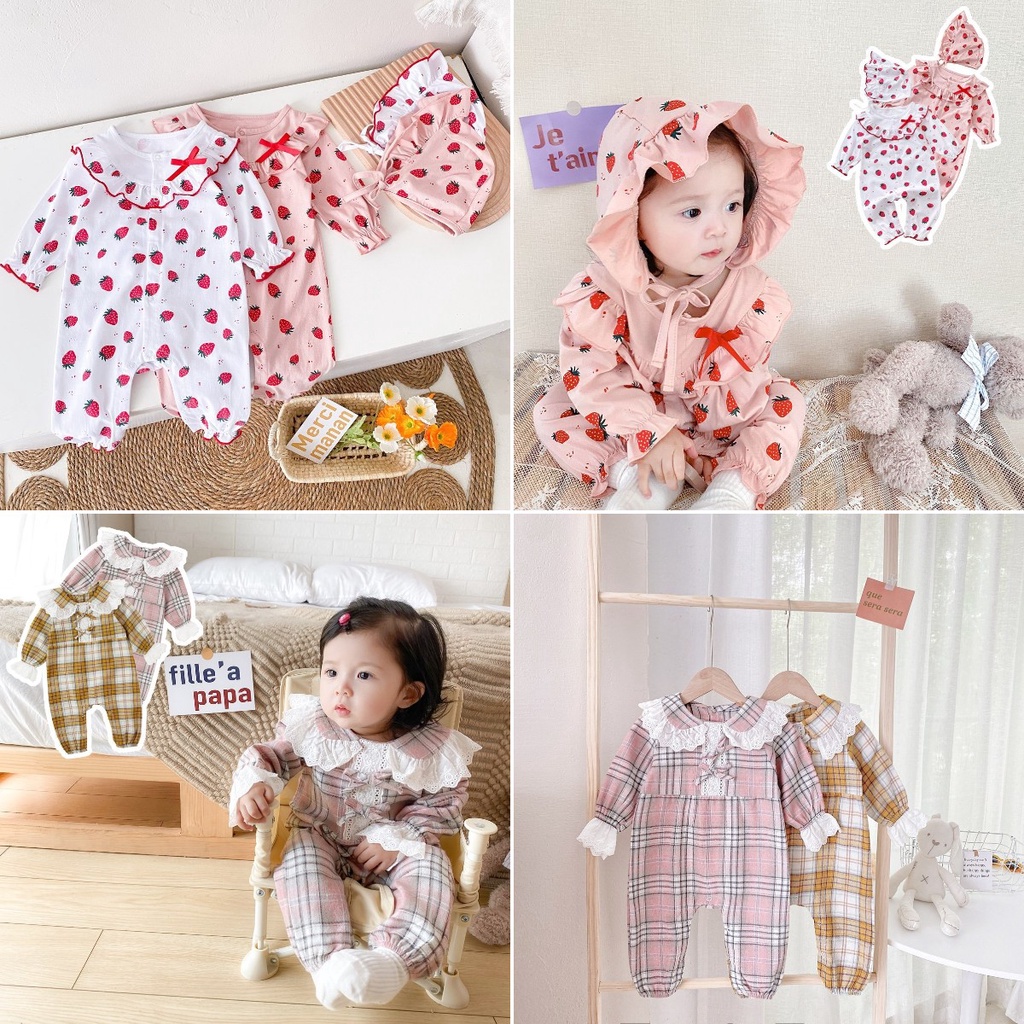 Áo Liền Quần Tay Dài Chất Liệu Cotton In Họa Tiết Dâu Tây Xinh Xắn Cho Bé Gái Sơ Sinh 023