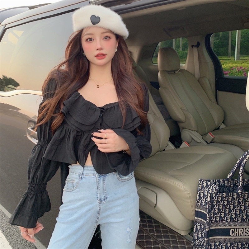 【Hàng Quảng ChâuÁo croptop Zingxu thiết kế bèo tầng bồng bểnh tiểu thư  dáng croptop Quảng Châu Tay Dài