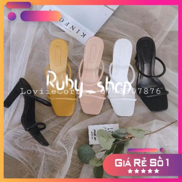 RUBY_SHOP- DÉP NỮ CAO GÓT THỜI TRANG 2 QUAI MÃNH ĐẾ VUÔNG 9CM 4 MÀU ĐEN KEM TRẮNG VÀNG RUBY_SHOPDÉP NỮ D190907