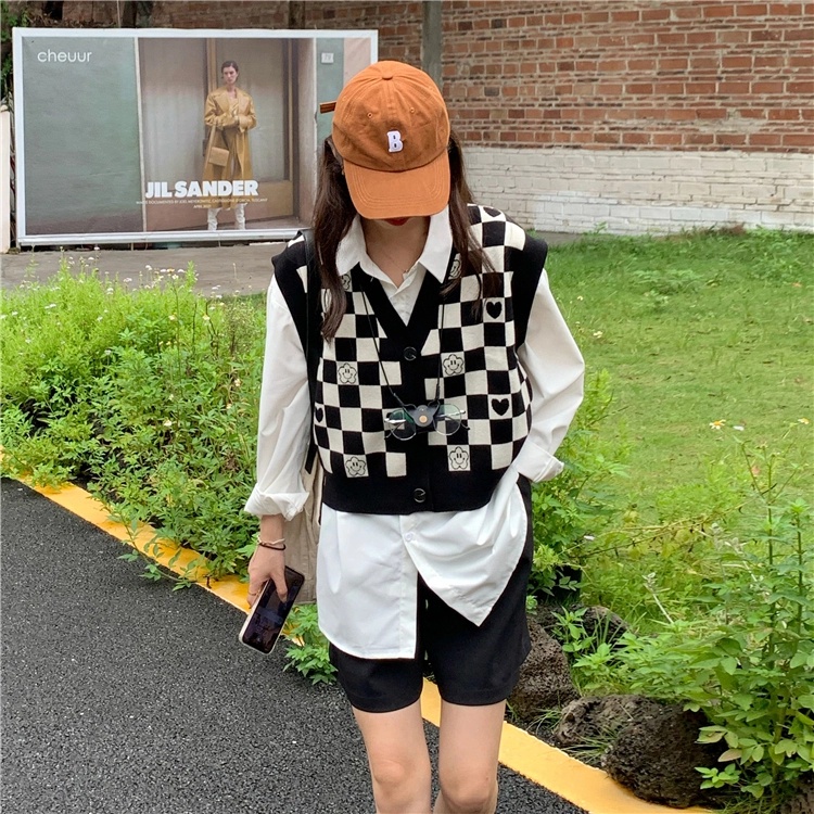 Áo Sweater Dệt Kim Không Tay Kẻ Caro Trắng Đen 199896Thời Trang Áo Khoác Ngắn Hợp Thời Trang