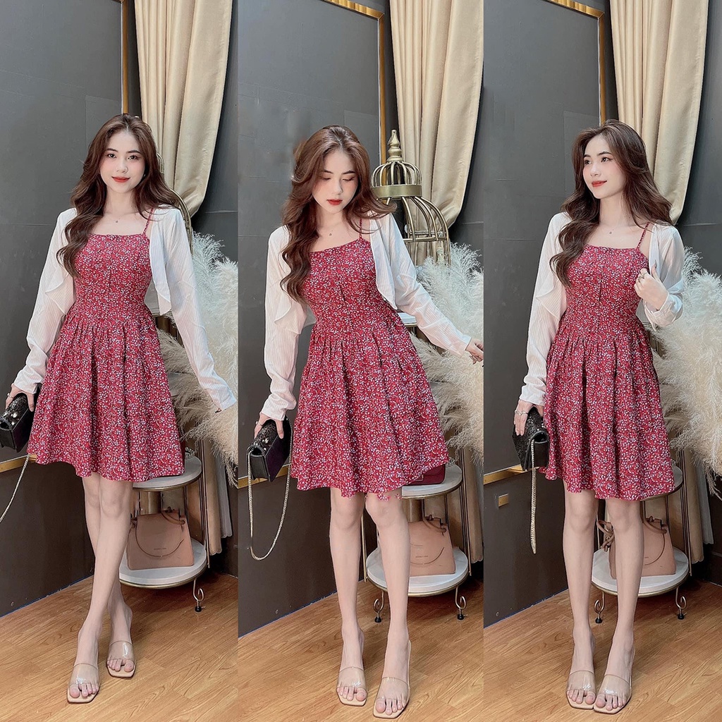 Đầm váy hai dây hoa nhí,váy hoa nhí dễ thương kèm áo khoác len mỏng xinh xinh QD DT040 | BigBuy360 - bigbuy360.vn