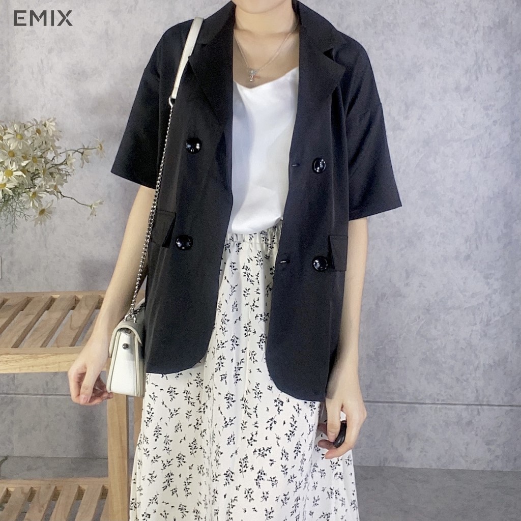 [Mã FAMALLT5 giảm 15% đơn 150k] Áo khoác blazer cổ vest 2 túi giả màu đen ngắn tay EMIX